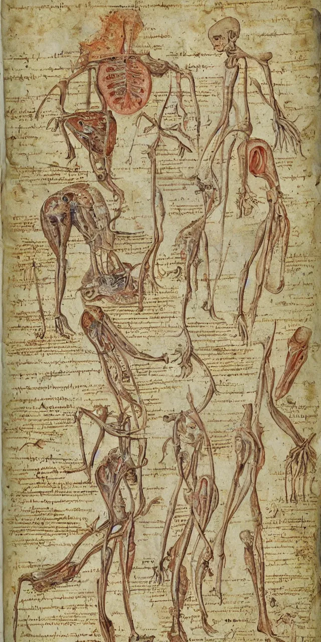 Prompt: an open page of the voynich manuscript, depicting a digital painting of human anatomy by da vinci, paper texture, extremely detailed, professional, hand written notes, epic, full colors