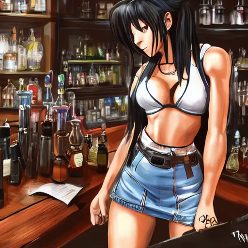 Prompt: high quality concept art of tifa lockhart working in her bar, detailed, trending on artstation