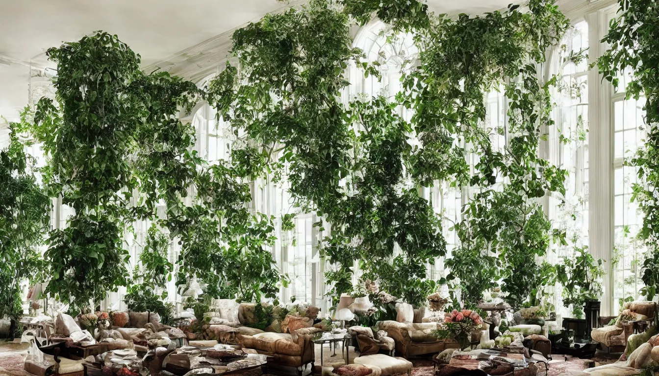 Prompt: luxury living room filled with plants and trees, photo by architectural digest