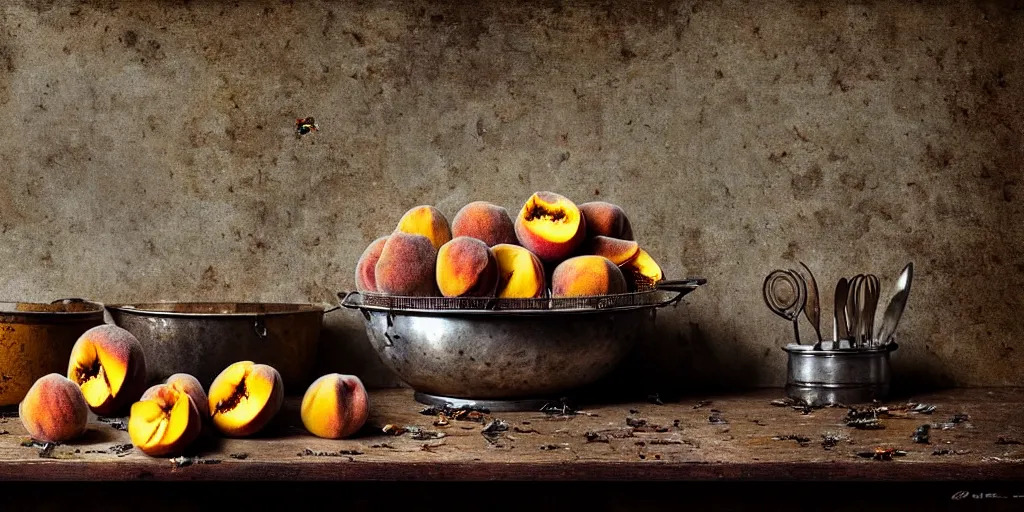 Image similar to side view, decaying rotting peaches, moldy, on an antique distressed table top, dried flowers, metal kitchen utensils, old kitchen backdrop, dark kitchen, style by peter lippmann, intricate detail,