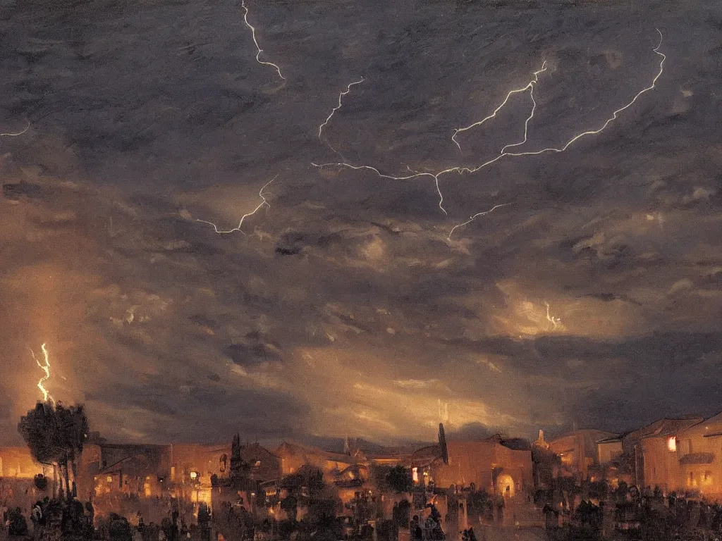 Prompt: a weird painting of a a lightning storm over a small town at night by john philip falter, camille corot, concept art, artstation