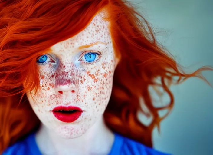 Prompt: photo of the left side of the head of an adorable redhead woman with gorgeous blue eyes and wavy long red hair, red detailed lips and freckles who looks directly at the camera. Slightly open mouth. Whole head visible and covers half of the frame, with a park visible in the background. 135mm nikon. Intricate. Very detailed 8k. Sharp. Cinematic post-processing. Unreal engine. Nanite. Ray tracing. Parallax. Tessellation