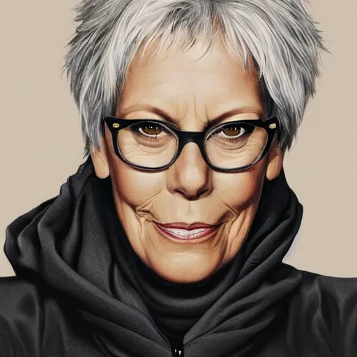 Prompt: jamie lee curtis, tired, intelligent, powerful, white hair, loving eyes, fully clothed wise, beautiful, by stanley artgerm, soft lighting, trending on artstation, flat colour, geometric curves on iceland mountains