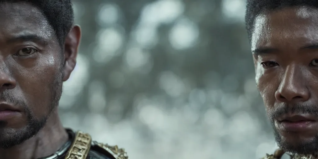 Image similar to a film still of a black man starring in a japanese blockbuster film as san ancient samurai, shallow depth of field, cinematic, award winning cgi, vfx, film still