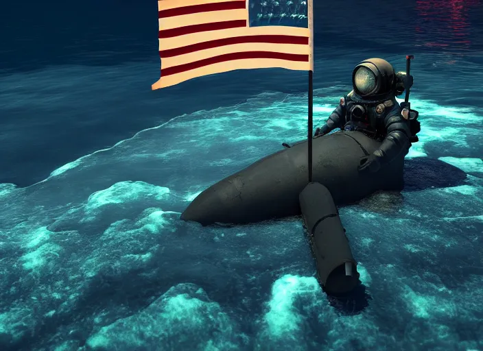 Image similar to dark underwater photo of an astronaut underwater putting a flag on the ocean's floor. in the background, a submarine is visible. dark, concept art, cinematic, dramatic, blender, photorealistic, octane render, 8 k, volumetric lighting, trending on artstation