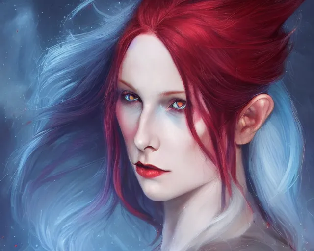 Image similar to A detailed matte oil on canvas head on symmetrical portrait of a distinguished elven woman with red and blue hair on an empty background, by Charlie bowater, Lise Deharme, Wlop, trending on artstationhd, dungeons and dragons art, parted hair , half blue, half red , split dye, critical role