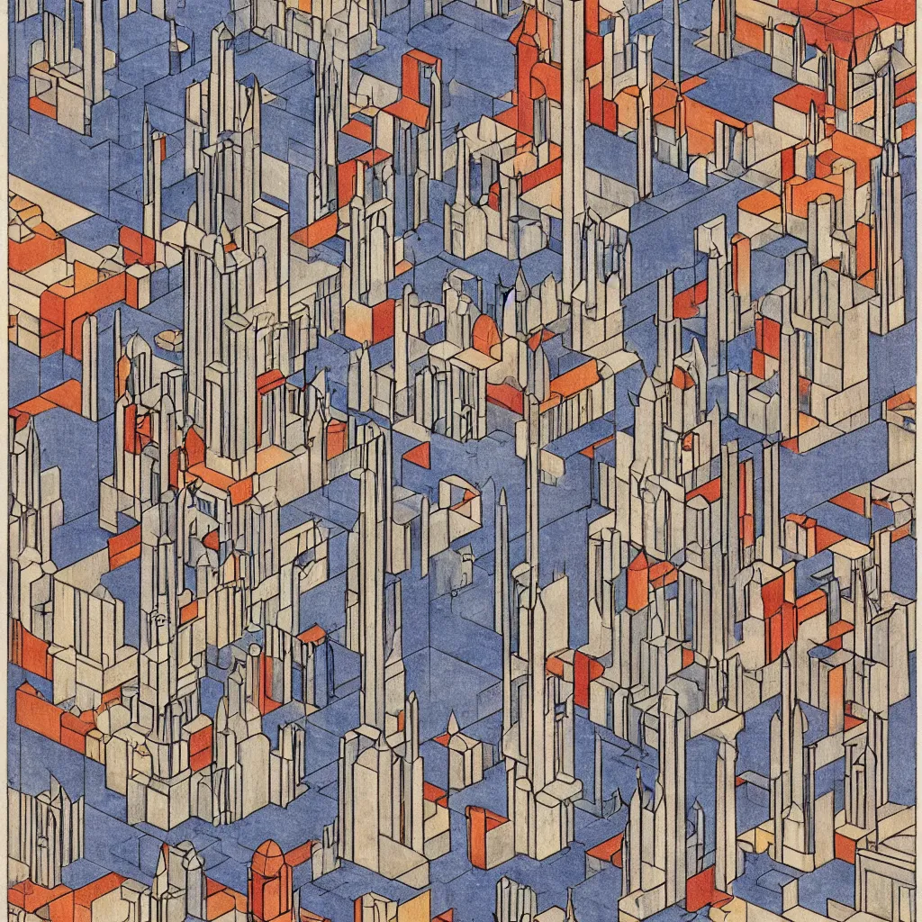 Image similar to isometric artdeco cathedral by frank lloyd wright, isometric, painted by piet mondrian