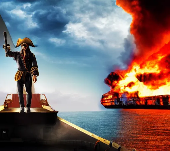 Prompt: a pirate standing on the edge of the ship, big explosion on the background, dramatic atmosphere, in the style of terminator