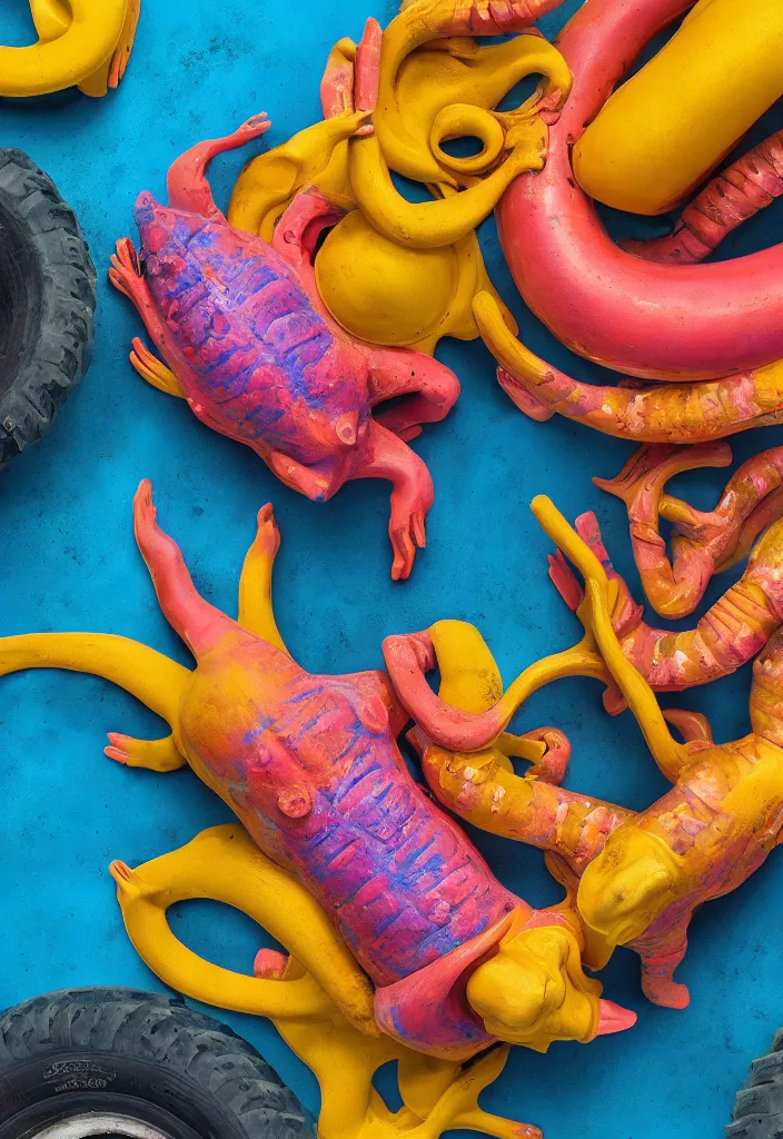 Prompt: tropical sea slugs, tractor tires, anatomy man. vibrant complementary colors. national geographic. 8k, rendered in octane, smooth gradients. sculpture by antonio canova