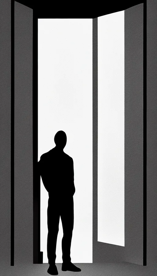 Image similar to concept art by jama jurabaev, cinematic shot, trending on artstation, high quality, brush stroke, sharp corners, black and white, reflective rectangular, a man's silhouette standing outside of a door