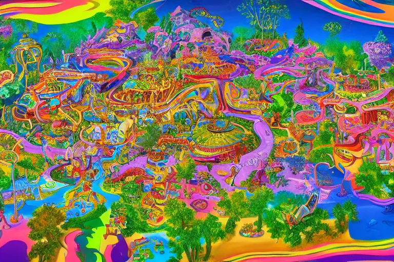 Prompt: Map of a psychedelic realm in the style of a theme park map highly detailed, full color, as painted by lisa frank and bob ross, unreal engine