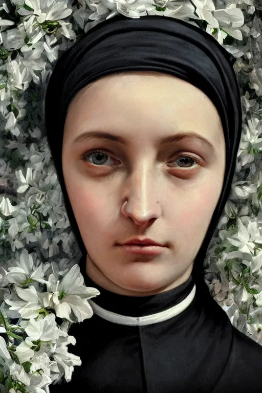 Prompt: hyperrealism extreme close-up portrait of young beautiful nun with black flowers in hair, wearing hyper detailed black clothes, in style of classicism