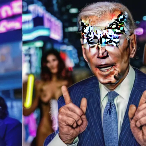 Image similar to 4 k portrait sony a 7 f 2. 8 of a gigantic president joe biden as a taliban leader surrounded by dancing instagram models with neon lighting and moody cloudy skies