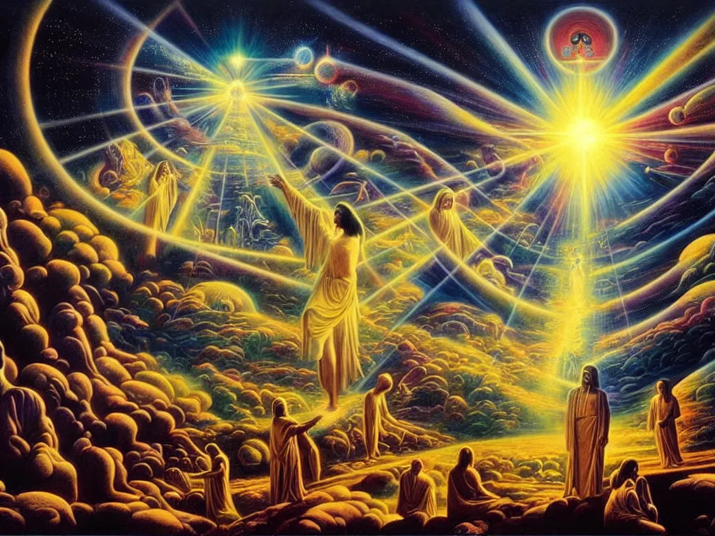 Prompt: a beautiful scenery of humanity evolving into god like beings, spiritual science, divinity, utopian, by david a. hardy, wpa, public works mural, socialist