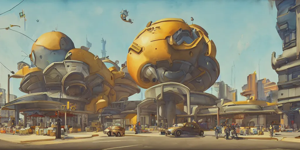 Image similar to overwatch building, stylized, exterior, architecture, in watercolor gouache detailed paintings, insanely detail, artstation, 8 k, futuristic, big medium small, arcane, simon stalenhag, food stall, interesting shapes & form, golden ratio, megastructures, vitaly bulgarov, mall, elites, clean