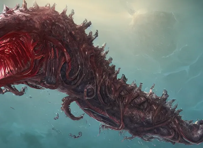 Image similar to a deep sea monstrosity with a disturbing anatomical horror human face, a colossal gigantic deep sea creature, concept art, behance hd, trending on artstation, deviantart, global illumination, radiating, a glowing aura, ray tracing, hdr, matte painting