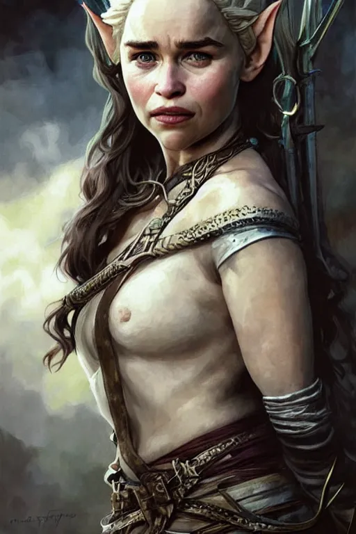 Image similar to portrait of emilia clarke as an elven archer, dark, piercing eyes, gentle expression, elegant clothing, photorealistic, highly detailed, artstation, smooth, sharp focus, art by michael whelan, artgerm, greg rutkowski and alphonse mucha