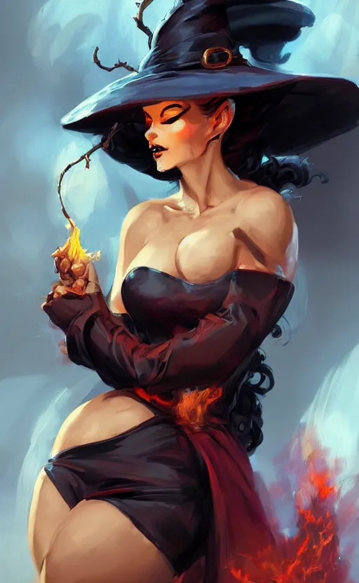 Image similar to pinup of a fine cultured witch, with robes of fire and smoke 🍑, by Jeff Simpson, Simon Bisley, Clint Cearley, and Frank Frazetta concept art, artstation, deviantart