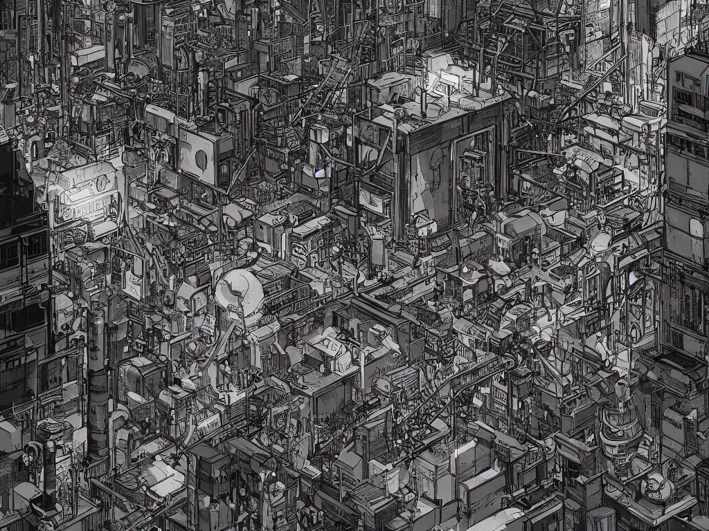 Image similar to industrial neighborhood in a cyberpunk city, in the style of james jean and laurie greasley, dynamic composition, dramatic lighting, hyper - realistic, ultra detailed