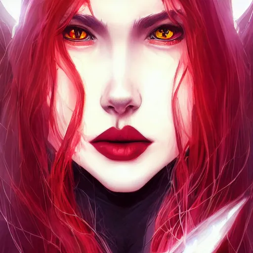 Prompt: princess of darkness, style of artgerm comic, piercing eyes, long glowing red hair, waterhouse, character art, matte