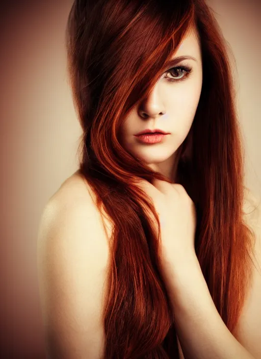 Image similar to Close-up portrait photo of a beautiful girl with light brown hair with red highlights , dramatic light,flash studio,in the style of Lindsay Adler, dark background, high quality