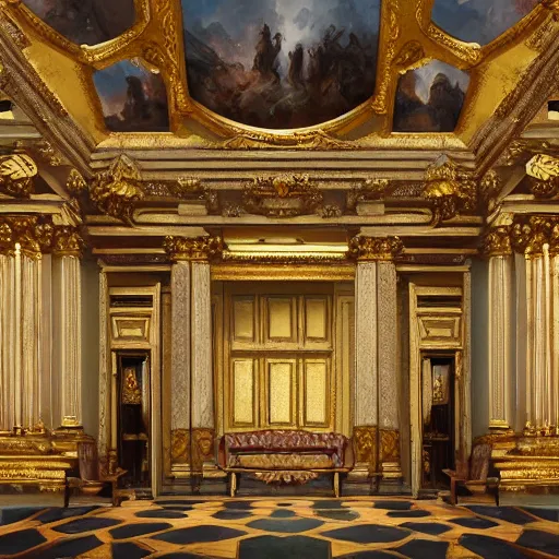 Image similar to 8k highly detailed oil matte painting by Charles Landelle of an art gallery wall with many oil paintings, decadent throne room, ornate furniture, ornate French architecture