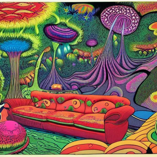 Image similar to psychedelic trippy couch in the lush forest, planets, flowers, mushrooms milky way, sofa, cartoon by carl barks