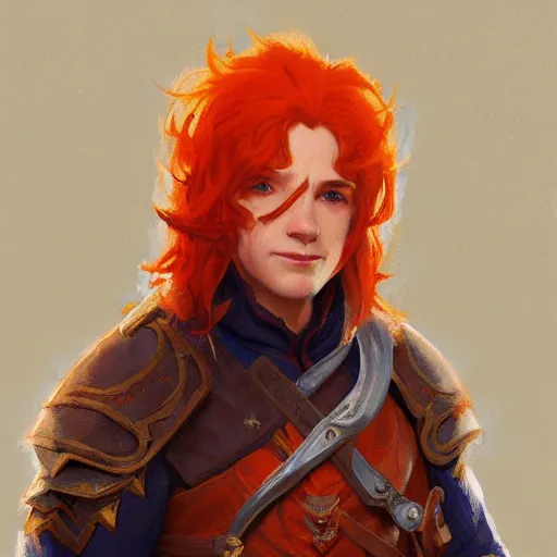 Prompt: portrait of a male halfling paladin with long orange hair wearing a red coat, half body, fantasy, highly detailed, digital painting, artstation, concept art, character art, art by greg rutkowski and tyler jacobson and alphonse mucha