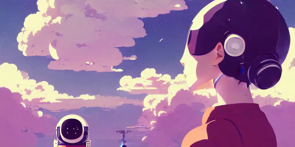 Image similar to portrait of a girl with astronaut helmets by ilya kuvshinov, cloudy sky background lush landscape ln illustration concept art anime key visual trending pixiv by victo ngai fanbox by greg rutkowski makoto shinkai takashi takeuchi studio ghibli