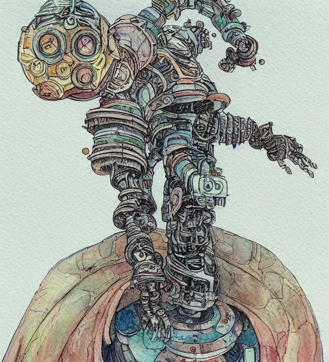 Image similar to a 3 / 4 view watercolor ink painting of a robot shaman / wizard casting a spell in the style of jean giraud in the style of moebius trending on artstation deviantart pinterest detailed realistic hd 8 k high resolution