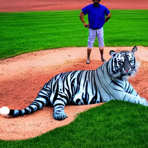 Prompt: Blue bengal tiger on a baseball pitchers mound