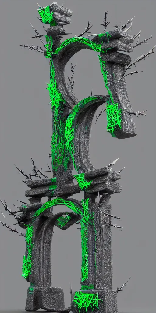 Image similar to 3 d photographic render of asymmetric melting japanese torii gate sculpture made of chrome, sakura bioluminescent chrometype, made of liquid metal, neotribal with thorns and green thunders, cyberpunk, raytracing, hyper realistic, volumetric lightning, 8 k, by zhelong xu and ouchh studio