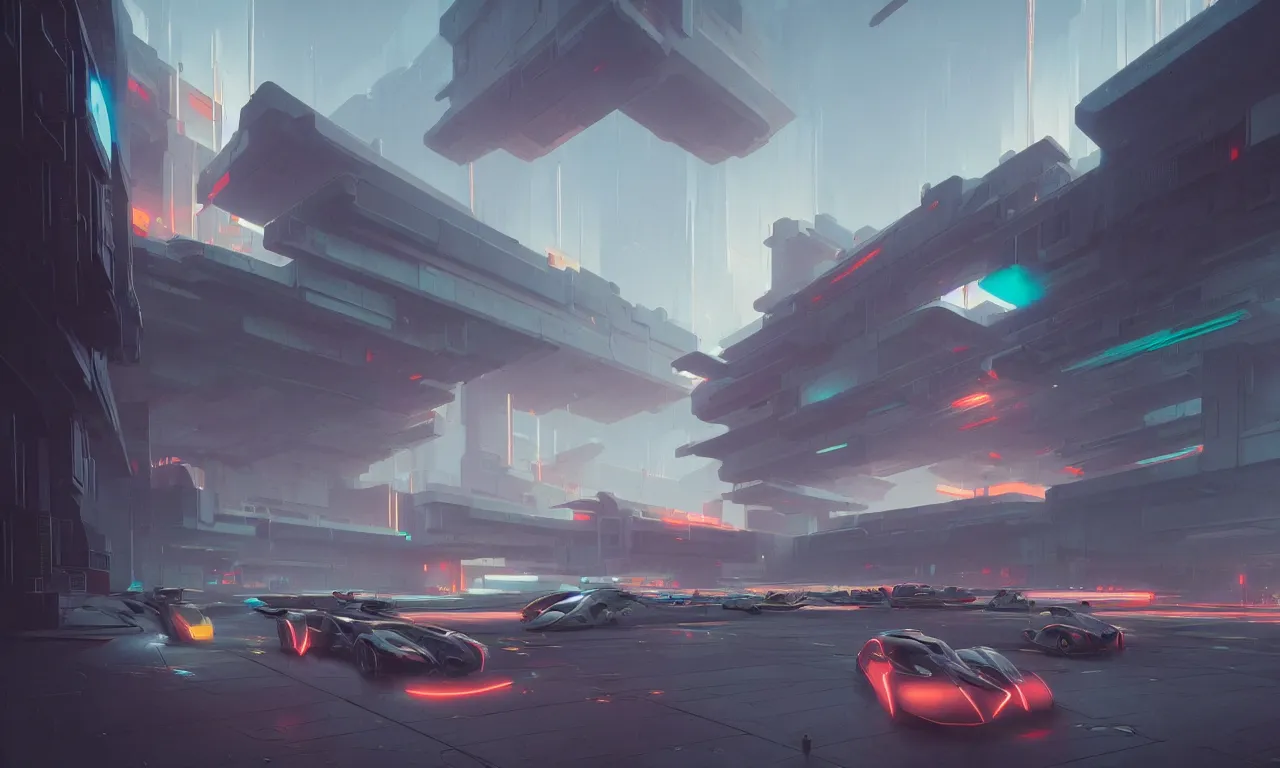 Image similar to simple brutalist architecture, colorful neon lighting, flying vehicles, greg rutkowski, syd mead, ralph mcquarrie, concept art, matte painting, highly detailed, rule of thirds, dynamic lighting, cinematic, detailed, denoised, centered