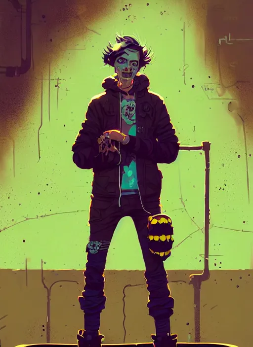 Image similar to highly detailed portrait of a sewer punk young man by atey ghailan, james gilleard, by joe fenton, by greg rutkowski, by greg tocchini, by kaethe butcher, 4 k resolution, gradient yellow, black, brown and cyan color scheme, grunge aesthetic!!! ( ( dystopian graffiti tag wall in background ) )