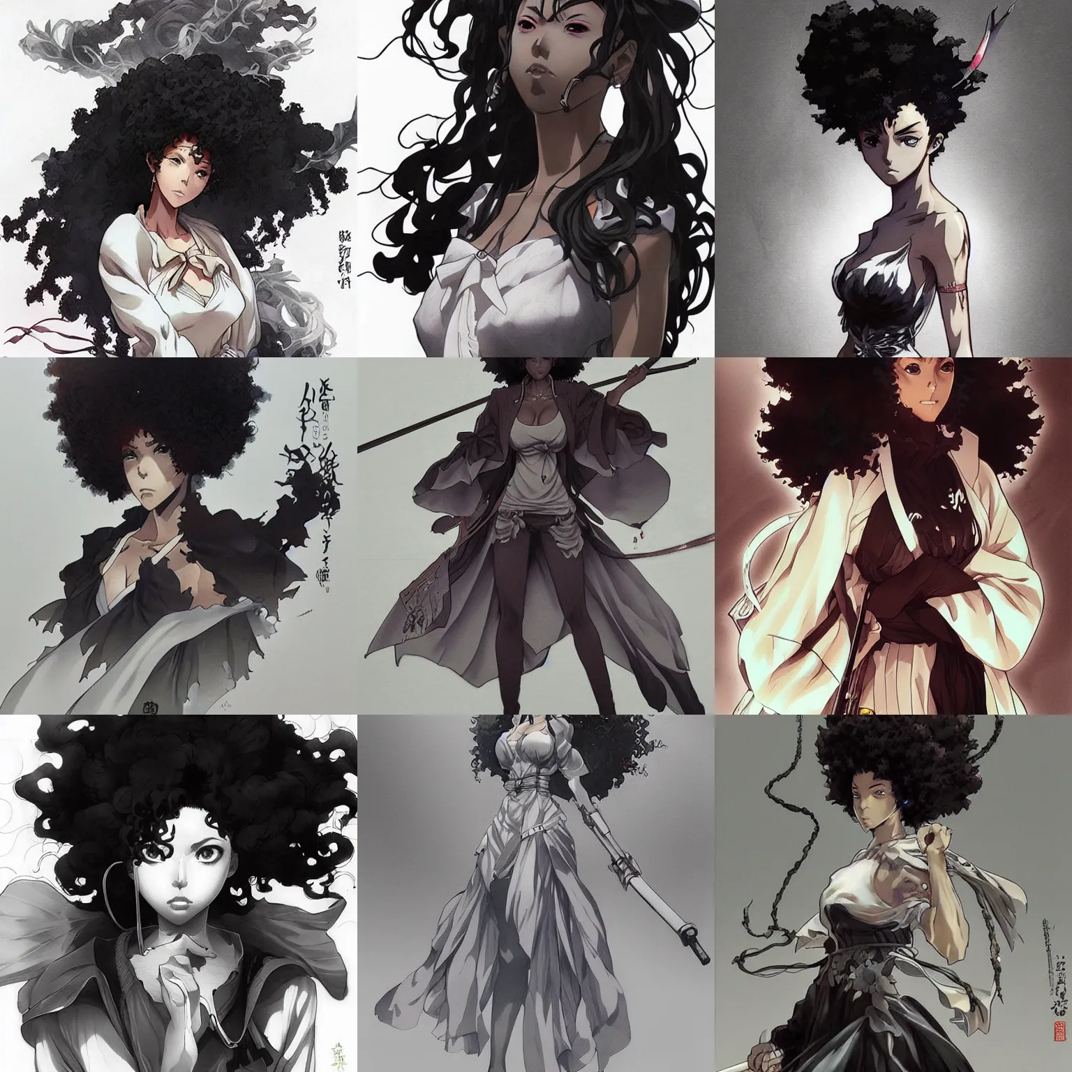 original anime waifu character design afro samurai., Stable Diffusion