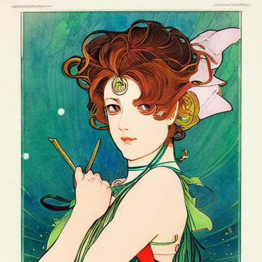 Prompt: the sailor jupiter. beautiful, realistic painting by mucha and kuvshinov and bilibin. watercolor, thick linings