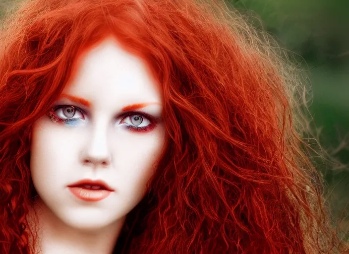 Prompt: award winning 5 5 mm close up face portrait photo of a redhead with blood - red wavy hair and intricate eyes that look like gems, in a park by luis royo