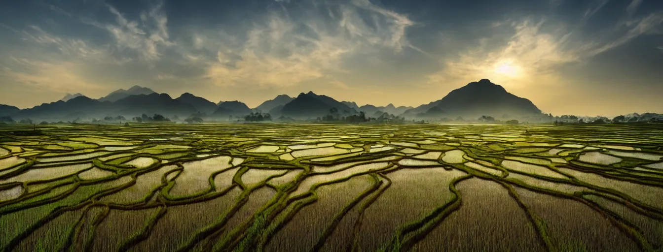 Image similar to Photo of paddy field of Yan, with several village and gunung jerai mountain at the background, wide angle, volumetric light, hyperdetailed, light water, artstation, cgsociety, 8k