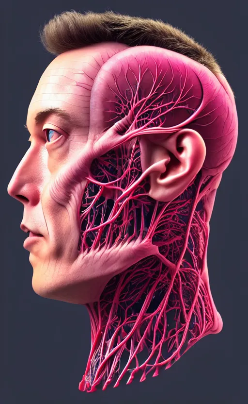 Image similar to a 3D render of a beautiful profile face portrait of a Elon Musk, 150 mm, beets, Mandelbrot fractal, anatomical, flesh, facial muscles, wires, microchip, veins, arteries, full frame, microscopic, elegant, highly detailed, flesh ornate, elegant, high fashion, rim light, octane render in the style of H.R. Giger and Man Ray