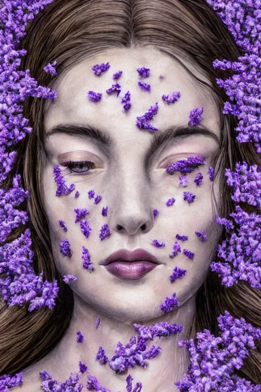 Image similar to hyperrealism close - up mythological portrait of a exquisite medieval woman's shattered face partially made of lavender flowers in style of art deco, wearing silver silk robe, dark palette