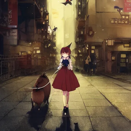 Prompt: anime key visual of a little witch with her capybara mascot walking through busy cities, cinematic lighting, dramatic atmosphere, by dustin nguyen, akihiko yoshida, greg tocchini, greg rutkowski, cliff chiang, 4 k resolution, craig mullins