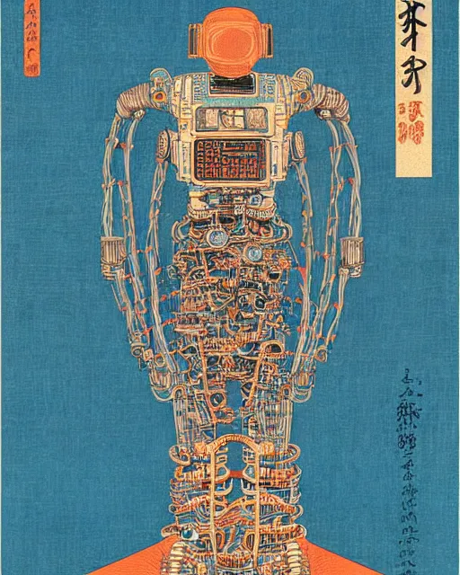 Image similar to Hiroshige portrait of a robot saint made of cables and robotic pod by victo ngai