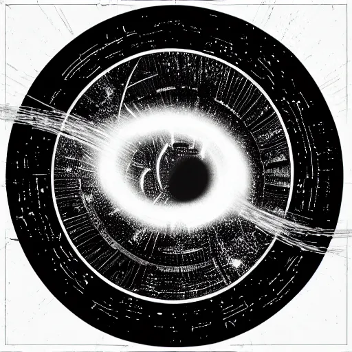 Prompt: tattoo logo black hole with accretion disk rises above the city destroying it with a shockwave, digital art, black and white, vector sticker, art by greg rutkowski, gonzalo fuenmayor, asher brown durand