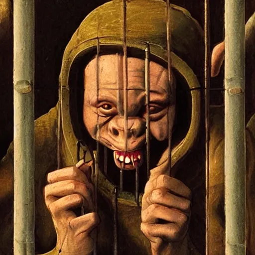 Prompt: goblin behind jail bars, highly detailed renaissance era painting