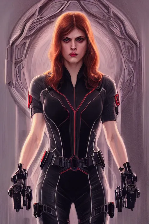 Image similar to alexandra daddario as black widow, realistic portrait, symmetrical, highly detailed, digital painting, artstation, concept art, smooth, sharp focus, illustration, cinematic lighting, art by artgerm and greg rutkowski and alphonse mucha