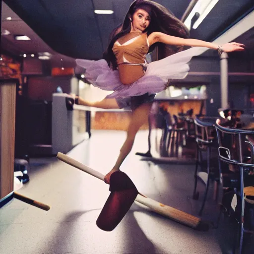 Image similar to A photo of Ariana Grande flying on a broom, Photographed with Leica Summilux-M 24 mm lens, ISO 100, f/8, Portra 400