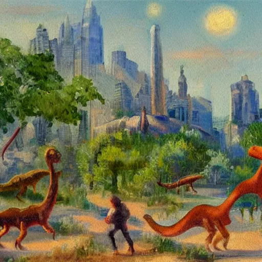 Image similar to impressionist painting of a utopian stone city with dinosaurs