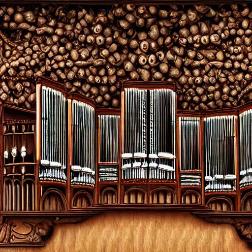 Image similar to a pipe organ made out of skulls, digital art, highly detailed, high quality, high resolution