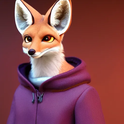 Image similar to a highly detailed portrait of a humanoid light brown fennec fox, with a white muzzle, bright orange eyes, in a purple cloak, artstation, DeviantArt, professional, octane render, 3d render