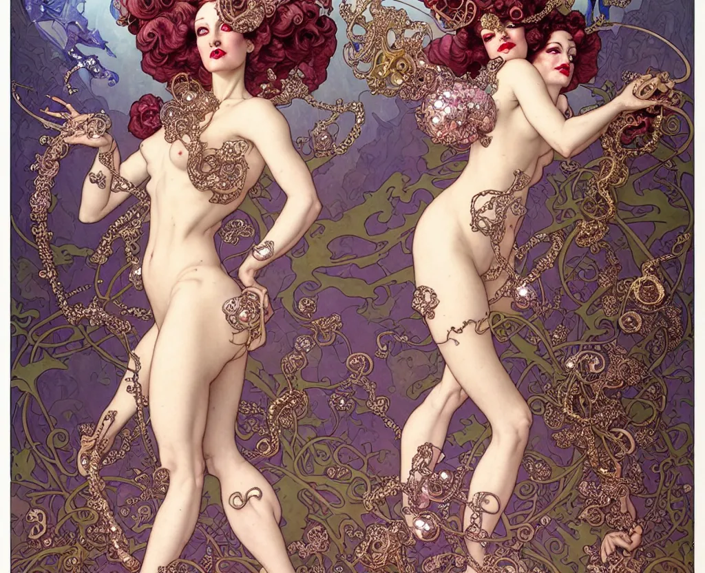 Image similar to beautiful burlesque dancer art nouveau fantasy character portrait, ultra realistic, intricate details, the fifth element artifacts, highly detailed by peter mohrbacher, hajime sorayama, wayne barlowe, boris vallejo, aaron horkey, gaston bussiere, craig mullins alphonse mucha, art nouveau curves swirls and spirals, doves flowers pearls beads crystals jewelry goldchains scattered